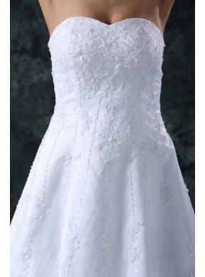 A-Line Sweetheart Court Train Lace and Appliques Organza Wedding Dress