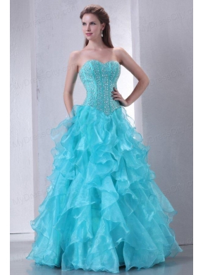 A-line Turquoise Sweetheart Beading and Ruffles Quinceanera Dress