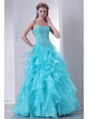 A-line Turquoise Sweetheart Beading and Ruffles Quinceanera Dress