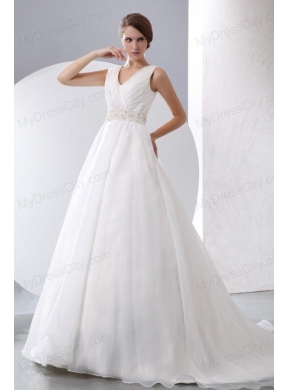 A-Line V-Neck Zipper Up Court Train Beading and Ruching Organza Wedding Dress