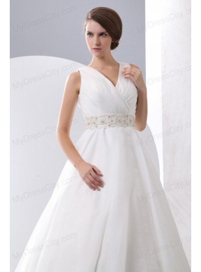 A-Line V-Neck Zipper Up Court Train Beading and Ruching Organza Wedding Dress