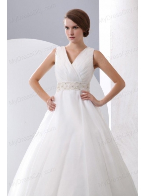 A-Line V-Neck Zipper Up Court Train Beading and Ruching Organza Wedding Dress