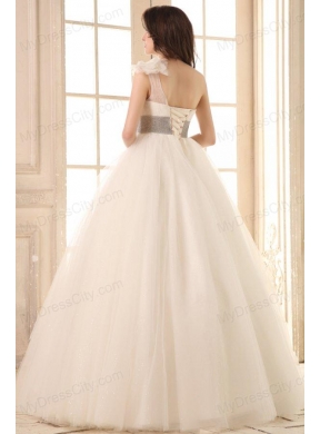 Ball Gown One Shoulder Beaded Decorate Waist Tulle Wedding Dress