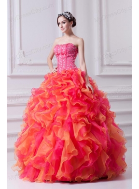 Ball Gown Strapless Organza Beading Ruflles Multi-color Quinceanera Dress