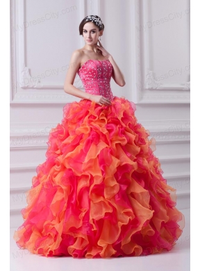 Ball Gown Strapless Organza Beading Ruflles Multi-color Quinceanera Dress