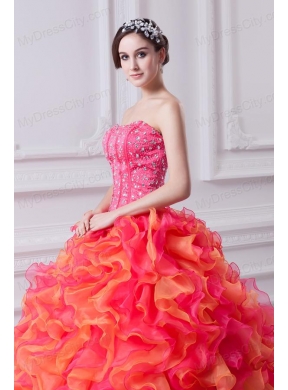 Ball Gown Strapless Organza Beading Ruflles Multi-color Quinceanera Dress