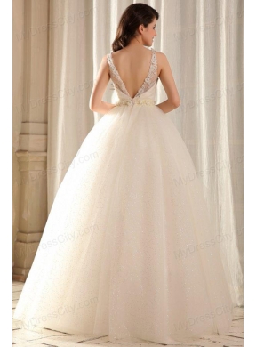 Bateau Ball Gown Beading and Appliques Wedding Dress in Floor-length