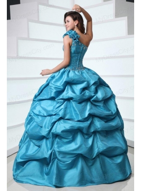 Beading and Pick-ups One Shoulder Teal Taffeta Quinceanera Dress