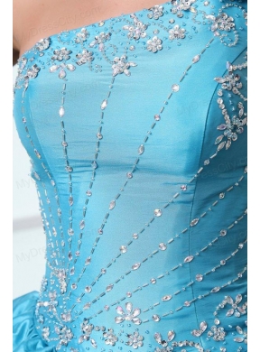 Beading and Pick-ups One Shoulder Teal Taffeta Quinceanera Dress