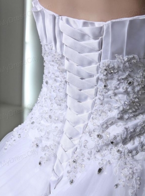 Beautiful Puffy Appliques Ruching Wedding Dress with Chapel Train