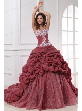 Burgundy Spaghetti Straps Appliques and Pick-ups Quinceanera  Dress