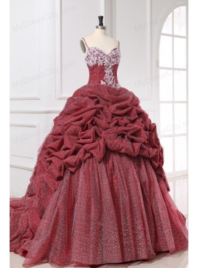 Burgundy Spaghetti Straps Appliques and Pick-ups Quinceanera  Dress