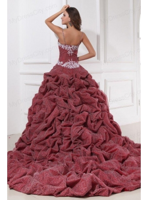 Burgundy Spaghetti Straps Appliques and Pick-ups Quinceanera  Dress