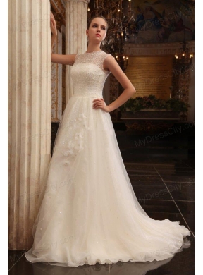 Column Halter Beading Brush Train Organza Wedding Dress