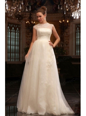 Column Halter Beading Brush Train Organza Wedding Dress