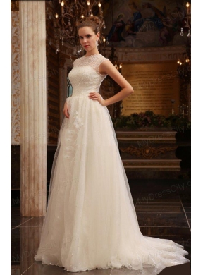 Column Halter Beading Brush Train Organza Wedding Dress