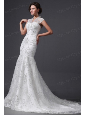 Column High Neck Appliques Lace Wedding Dress with Court Train