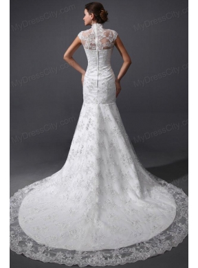 Column High Neck Appliques Lace Wedding Dress with Court Train