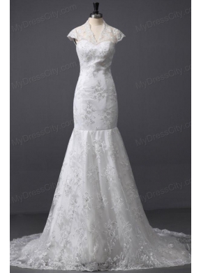 Column High Neck Appliques Lace Wedding Dress with Court Train