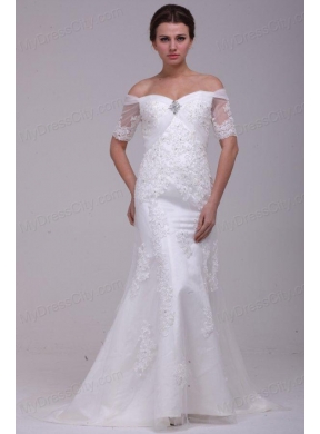 Column Off The Shoulder Brush Train Taffeta Wedding Dress