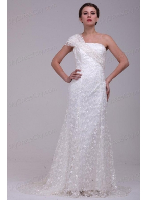 Column One Shoulder Lace Floor-length Paillette Wedding Dress with Side Zipper