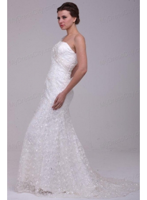 Column One Shoulder Lace Floor-length Paillette Wedding Dress with Side Zipper