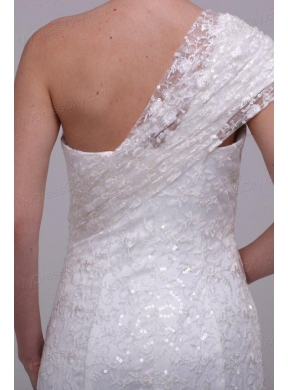 Column One Shoulder Lace Floor-length Paillette Wedding Dress with Side Zipper