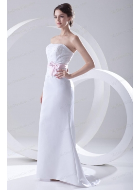 Column Strapless Sashes and Appliques Wedding Dress with Brush Train