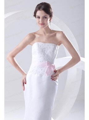 Column Strapless Sashes and Appliques Wedding Dress with Brush Train