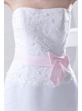 Column Strapless Sashes and Appliques Wedding Dress with Brush Train