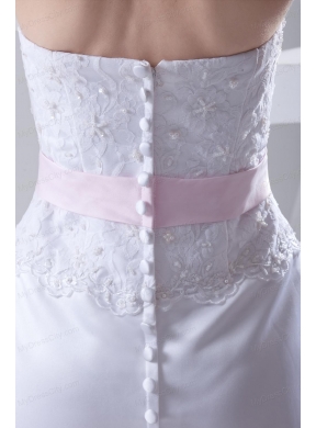 Column Strapless Sashes and Appliques Wedding Dress with Brush Train