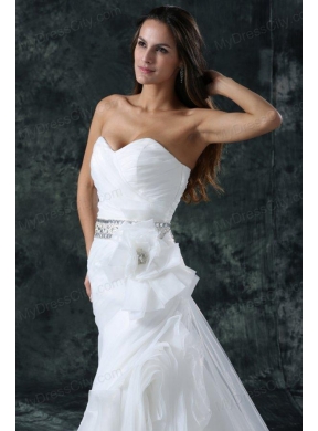 Column Sweetheart Beading Organza Wedding Dress with Court Train