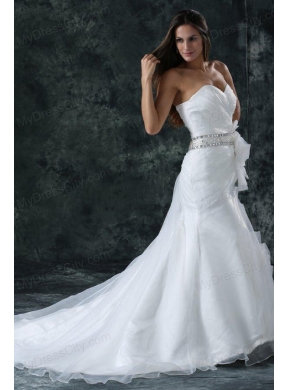 Column Sweetheart Beading Organza Wedding Dress with Court Train