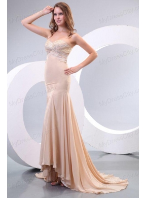 Column Sweetheart Beading Ruching Champagne Wedding Dress