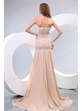 Column Sweetheart Beading Ruching Champagne Wedding Dress