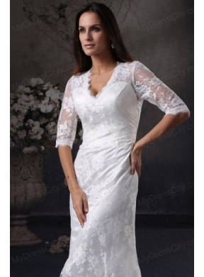 Column V-Neck Open Back Lace Wedding Dress with Court Train