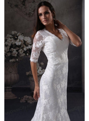 Column V-Neck Open Back Lace Wedding Dress with Court Train