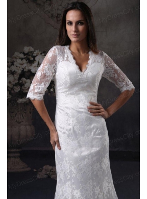 Column V-Neck Open Back Lace Wedding Dress with Court Train