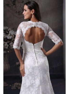 Column V-Neck Open Back Lace Wedding Dress with Court Train