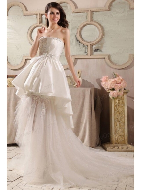 Cute A-Line Strapless Beading Tulle Wedding Dress with Court Train