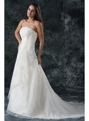 Elegant A-Line Ruching Organza Wedding Dress with Court Train