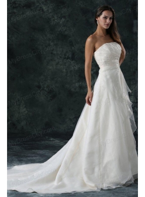 Elegant A-Line Ruching Organza Wedding Dress with Court Train