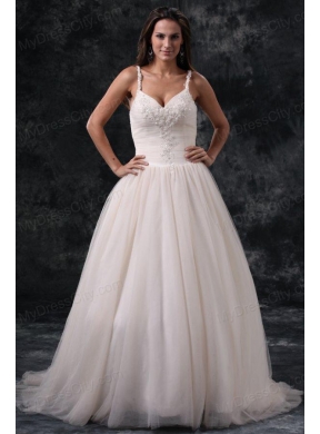 Fashionable A-Line Straps Appliques Tulle Wedding Dress in Champagne