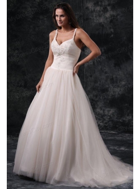 Fashionable A-Line Straps Appliques Tulle Wedding Dress in Champagne