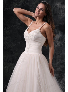 Fashionable A-Line Straps Appliques Tulle Wedding Dress in Champagne