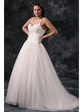 Fashionable A-Line Straps Appliques Tulle Wedding Dress in Champagne