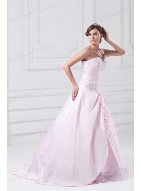 Flowers One Shoulder Baby Pink Wedding Dress with Embroidery