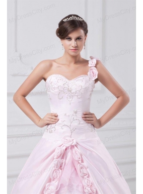 Flowers One Shoulder Baby Pink Wedding Dress with Embroidery