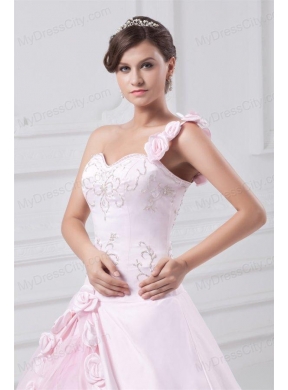 Flowers One Shoulder Baby Pink Wedding Dress with Embroidery