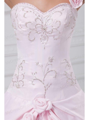 Flowers One Shoulder Baby Pink Wedding Dress with Embroidery